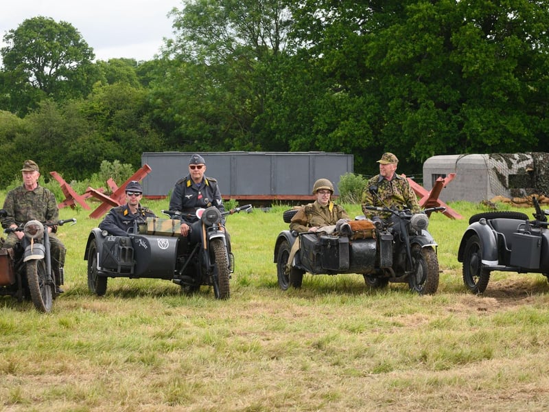 Military motorcycles with sidecars line up at The Overlord Show.Picture: Keith Woodland (260521-92)