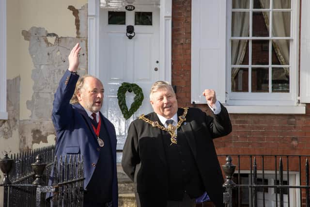 Lord Mayor Cllr Frank Jonas joined Ian Dickens, great great Grandson of Charles Dickens and the Dickens Fellowship to lay a wreath on the door of Charles Dickens Birth Place to commemorate his 210th anniversary. Photos by Alex Shute