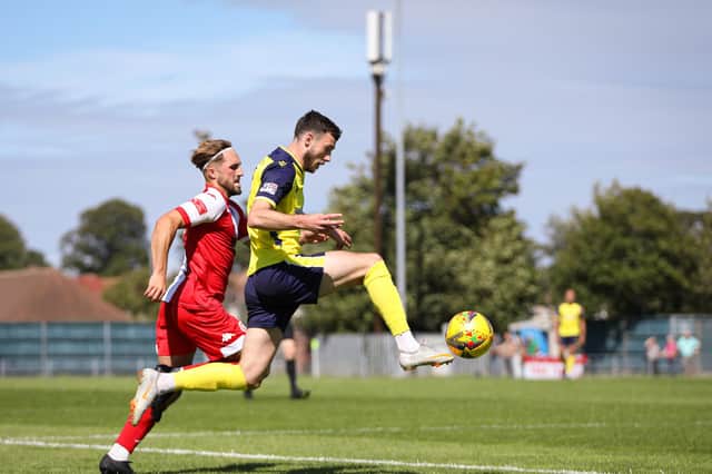 Gosport's Bradley Tarbuck came close to netting early in the second-half against Taunton Town Picture: Chris Moorhouse (jpns 120821-)