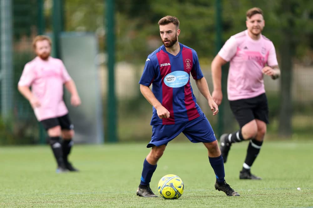 Josh Hazell, centre, was on target in US Portsmouth's 3-0 Wessex League Cup win against higher tier Tadley Calleva. Picture: Chris Moorhouse