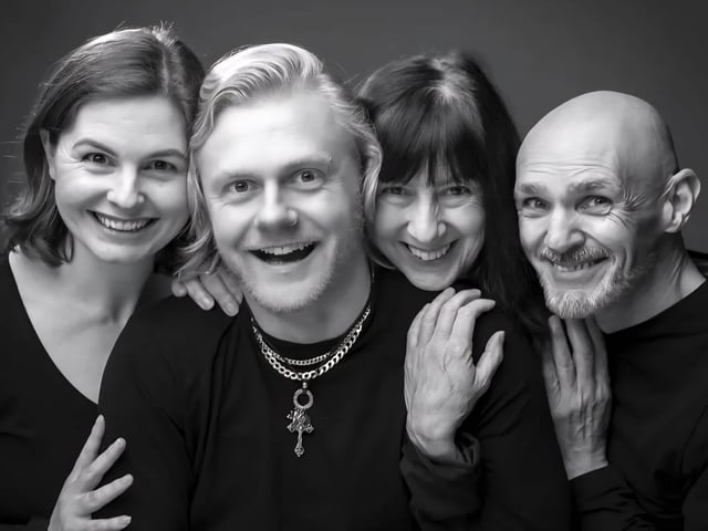 The cast of A Bad Taste Show From left to right: Poppy Lowles, Aaron 'Skip' Bartlett, Corinne Strickett and Jim Glaister