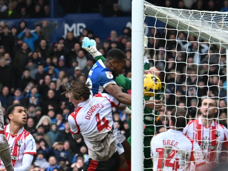 Ebou Adams heads home in the 77th minute to earn Pompey a 1-1 draw against Southampton. Picture: Graham Hunt/ProSportsImages