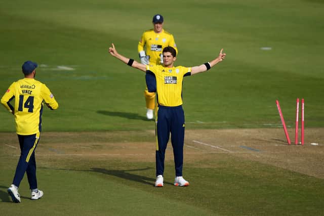 Hampshire's Shaheen Afridi celebrates dismissing Steve Finn - the second of four wickets in four balls during the T20 Blast match in September. Photo by Alex Davidson/Getty Images.
