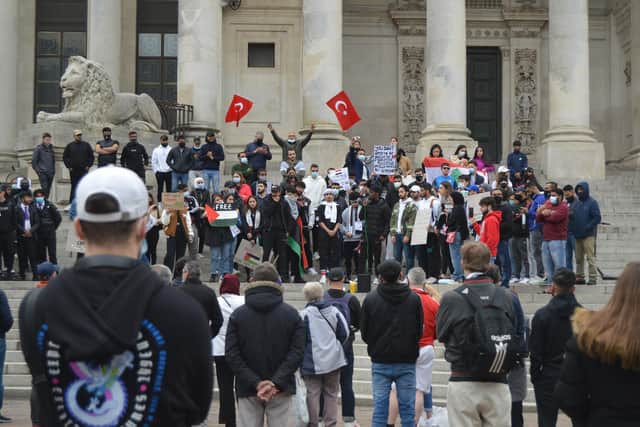 Protesters in Guildhall Square, Portsmouth, showing solidarity with Palestinians amid the ongoing Gaza conflict. Picture: David George