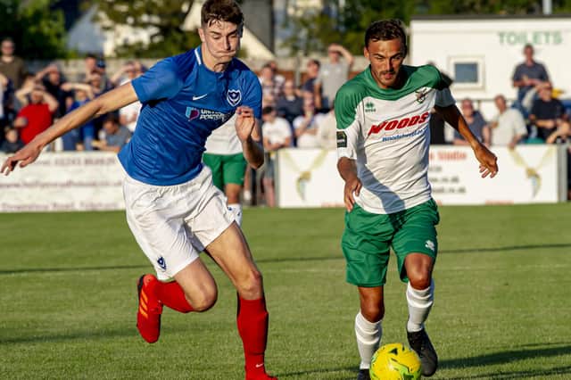 Matt Casey, left, in action for Pompey against Bognor last summer. Picture: Tommy McMillan