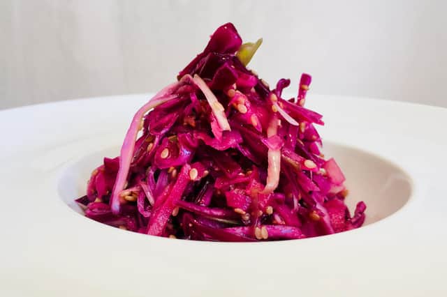 A vibrant side dish - red cabbage and pickled ginger coleslaw by Lawrence Murphy