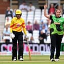 Southern Brave's Anya Shrubsole celebrates after taking her fourth wicket against Trent Rockets. Photo by Shaun Botterill/Getty Images.