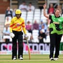 Southern Brave's Anya Shrubsole celebrates after taking her fourth wicket against Trent Rockets. Photo by Shaun Botterill/Getty Images.