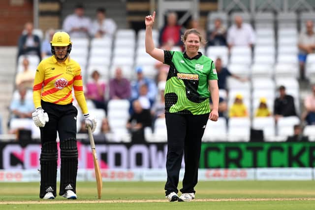 Southern Brave's Anya Shrubsole celebrates after taking her fourth wicket against Trent Rockets. Photo by Shaun Botterill/Getty Images.