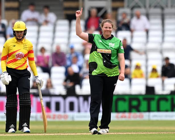 Southern Brave's Anya Shrubsole celebrates after taking her fourth wicket against Trent Rockets. Photo by Shaun Botterill/Getty Images.