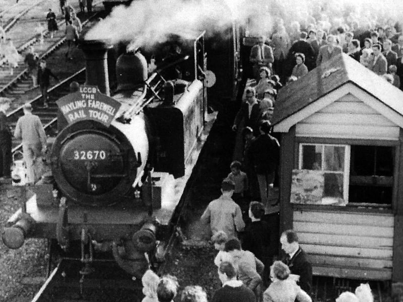 The Hayling Billy, the last one to run. On  November 3, 1963 the last and final train ran to and from Hayling Island. Passengers surround the locomotive.