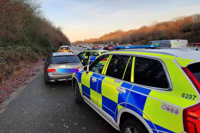 A Havant man has been reported for summons after being caught on the M27 with no number plate on his BMW and for driving while disqualified.
Picture: Hampshire Roads Policing Unit Twitter account