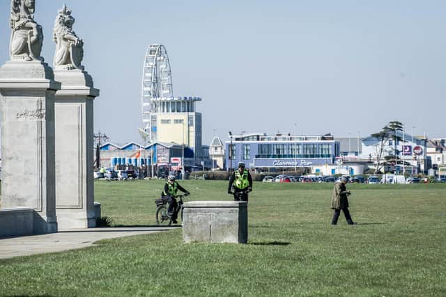 Police presence at Portsmouth Naval Memorial in March 2020. Picture: Habibur Rahman