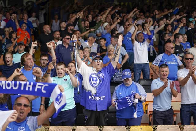 Portsmouth fans during the EFL Sky Bet League 1 match between Port Vale and Portsmouth at Vale Park, Burslem, England on 27 August 2022.