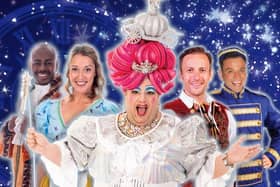 The lead cast for Cinderella, The Kings Theatre panto, 2022. From left: Ben Ofoedu as Dandini, Michelle Antrobus as Cinderella, Jack Edwards as the Fairy Godmother, Sean Smith as the Prince, and Joe Rowntree as  Buttons.