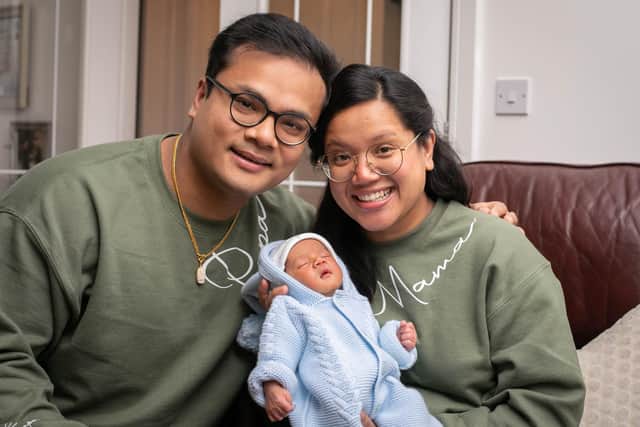 A Portsmouth couple are celebrating the birth of their baby who was born on New Year's Day. Pictured: Robin and Asmita Thapa with their son, Riyansh at their home in Milton on Thursday 4th January 2024. Picture: Habibur Rahman