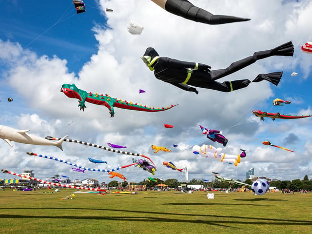 Some of the many airborne characters at the Portsmouth Kite Festival. Picture: Mike Cooter (070821)