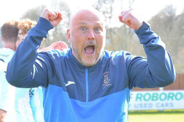 US Portsmouth boss Glenn Turnbull celebrates after last weekend's FA Vase fifth round win at Tavistock