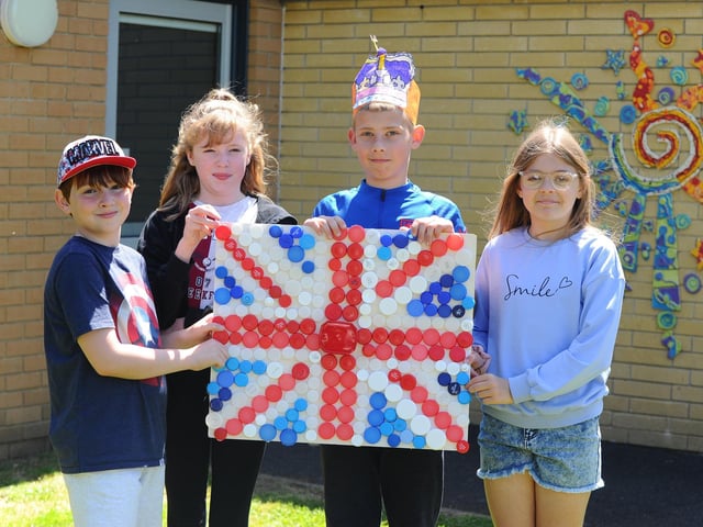 Gomer Junior School in Alverstoke, celebrating The Queen's Platinum Jubilee. Pictured is: Cameron Lemmis (10), Amelia Hope (10), Caelan Rose (11) and Bella Clark (11)