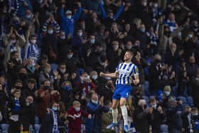 Adam Webster celebrates his goal against Manchester City. (Photo by Justin Setterfield/Getty Images)