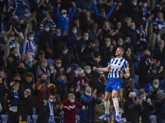 Adam Webster celebrates his goal against Manchester City. (Photo by Justin Setterfield/Getty Images)