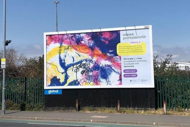 Artwork created at Generate, Aspex Portsmouth's weekly art workshop for people with dementia, on a billboard on Goldsmith Avenue, Milton.
