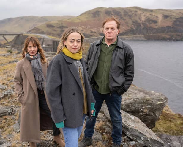 From left, Nia Roberts, Sian Reese-Williams and Mark Lewis-Jones star in the second series of Channel 4 drama The Light in the Hall (Picture: Channel 4)