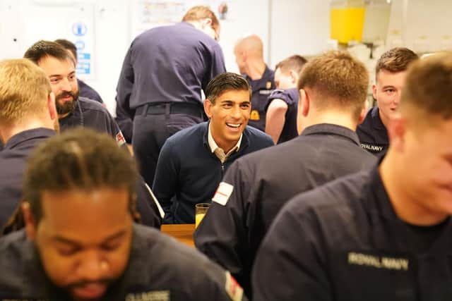 Rishi Sunak having breakfast with the crew on board HMS Diamond. Picture: Stefan Rousseau/PA Wire.