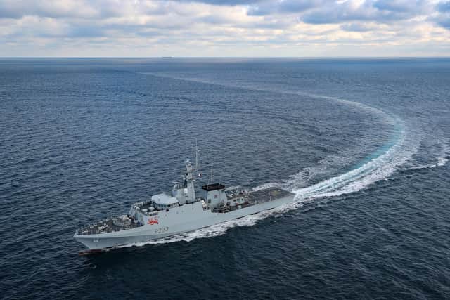 HMS Tamar was photographed from a Merlin from 820 Naval Air Squadron at sea in UK waters.