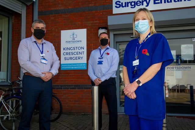 Ex RAF Sargent, Andy Pearce,ex Chief Petty Officer, Ian Cummings and Navy wife, Doctor Karen Kidd outside Kingston Crescent Surgery