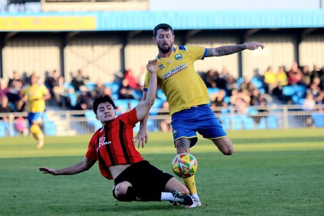 Dan Wooden suffered an injury in colliding with the post during Gosport's win against Tiverton last weekend. Picture by Tom Phillips