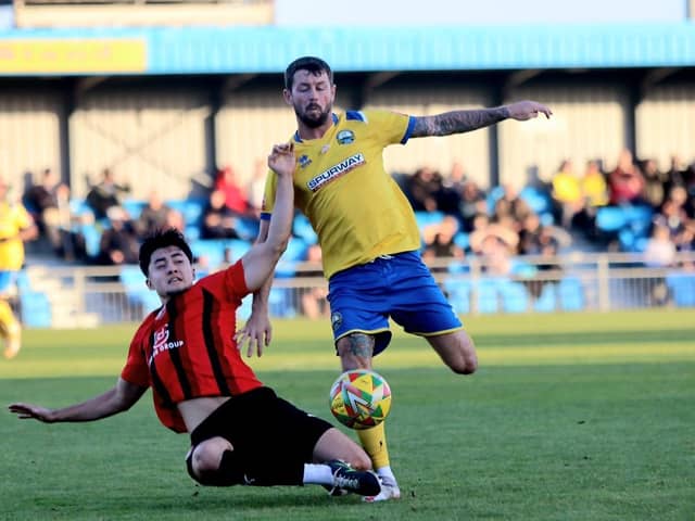 Dan Wooden suffered an injury in colliding with the post during Gosport's win against Tiverton last weekend. Picture by Tom Phillips