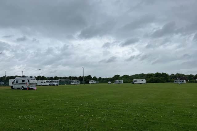 The traveller encampment in Cams Alder Recreation Ground.