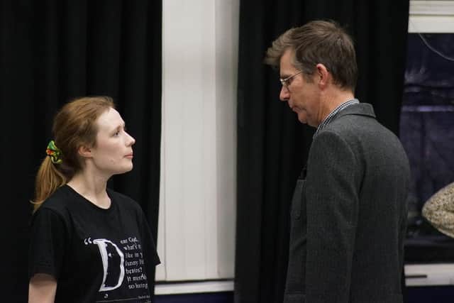 Grace Campbell as Eva Peron with Jonathan Redwood as Juan Peron in rehearsal. Picture by Tristan Redwood