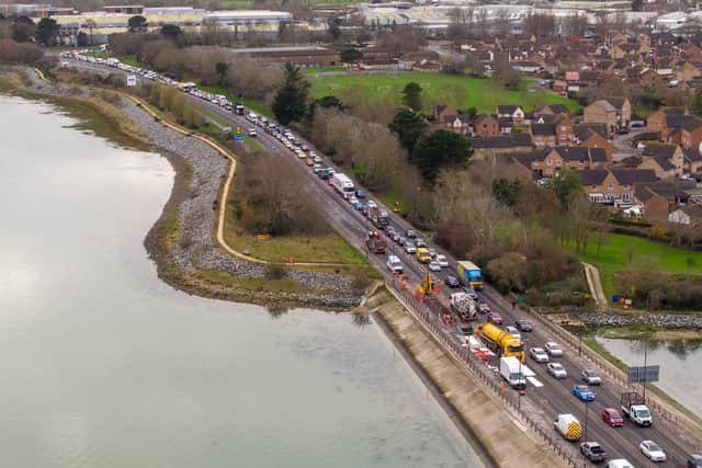 Drone footage showing the severe traffic jams on Eastern Road as the southbound route is closed due to a burst sewer. Picture: Marcin Jedrysiak.