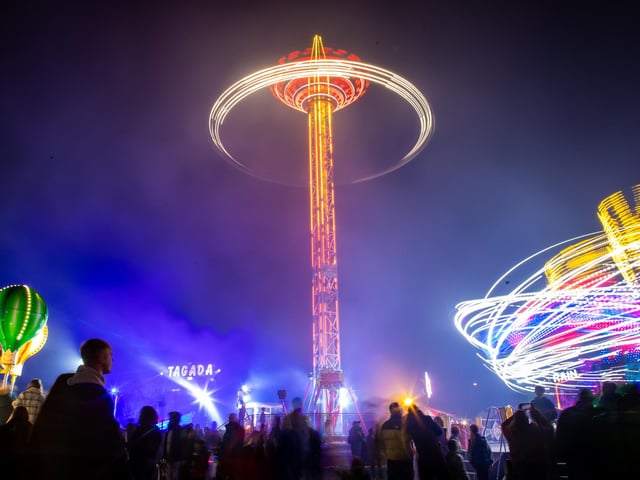 People from across the region descended onto the grounds of HMS Sultan on Thursday evening for a night of excitement, bonfire and fireworks.Pictured - The fun fair rides were lighting up the gosport skyPhotos by Alex Shute