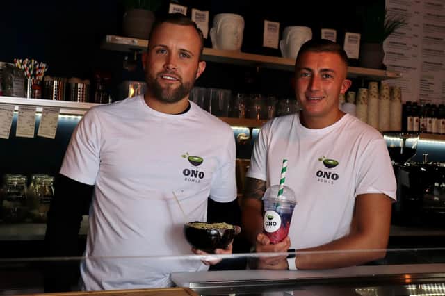 James Wilson and Jarrath Cush at the new shop opening in Southsea, Ono Bowls