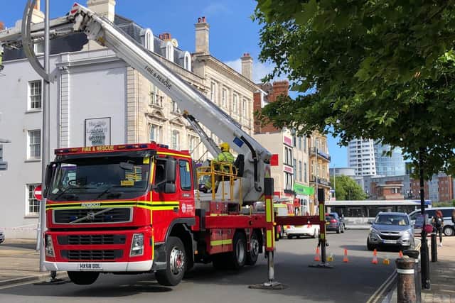 The fire engine at the scene. 