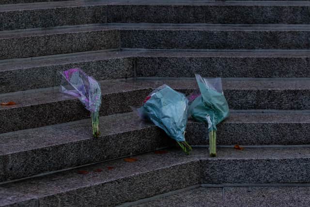 Flowers on the steps of Portsmouth Guildhall on Thursday following the news of the death of Queen Elizabeth II
Picture: Habibur Rahman