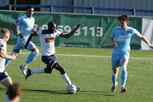 Bedsente Gomis in action for Hawks against Notts County in the FA Trophy this month. Photo by Dave Haines