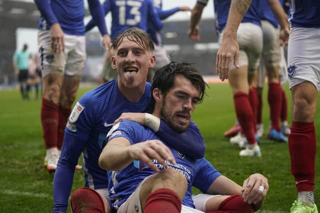 Ronan Curtis celebrates with John Marquis following his second goal against Sunderland. Picture: Jason Brown.