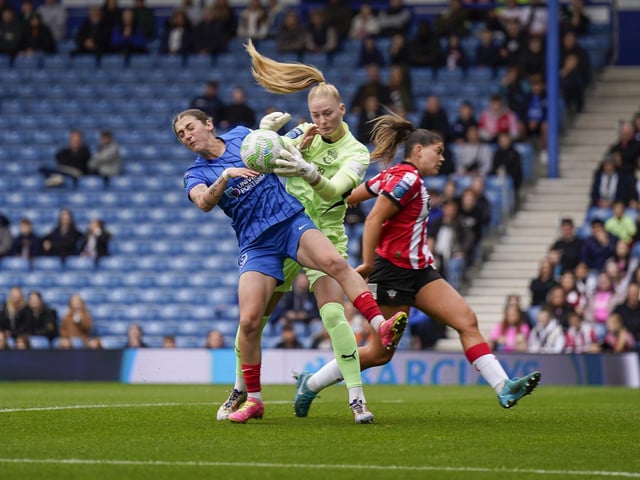 Fran Stenson thwarts Megan Hornby during a Pompey attack. Picture: Jason Brown