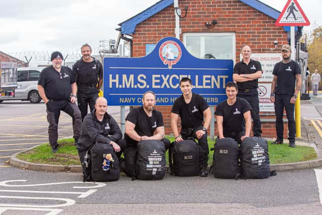 The Yompathon is a 3863 mile march across the United Kingdom visiting over two hundred Military and emergency service establishments.
The former and serving British Service personnel from across the seven branches of the services complete their journey at Whale Island, Portsmouth on Thursday 10th November 2022

Pictured: Former and serving British Service personnel at HMS Excellent, Whale Island, Portsmouth

Picture: Habibur Rahman