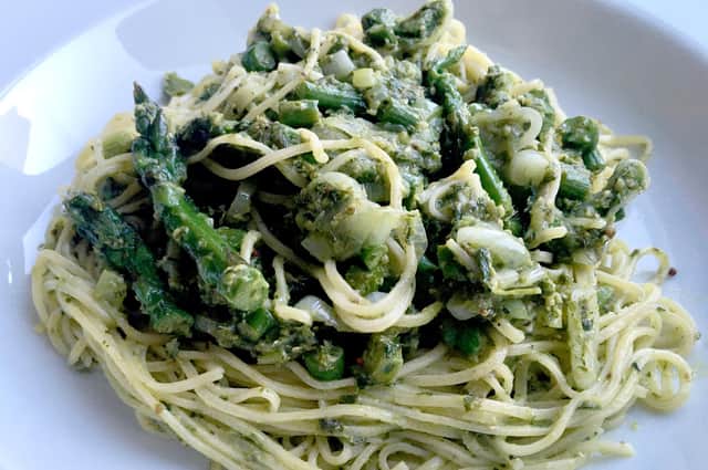 Simple asparagus and pasta recipe with salsa verde