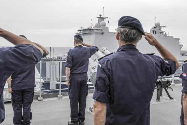 Royal Netherland Navy and RFA Lyme Bay pass by the amphibious flag ship HMS Albion on exercise in the Mediterranean. Photo: Royal Navy