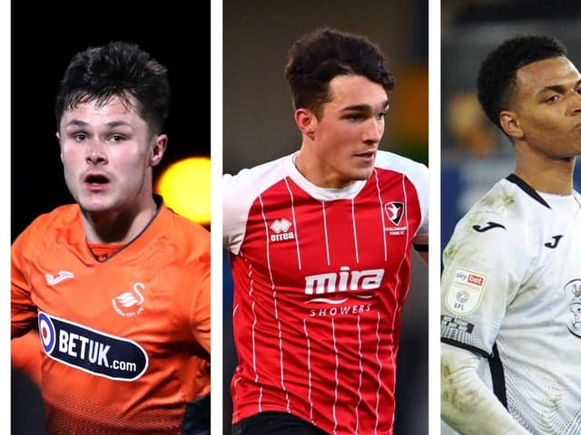 Swansea strikers (L-R) Liam Cullen,  Kyle Joseph and Morgan Whittaker