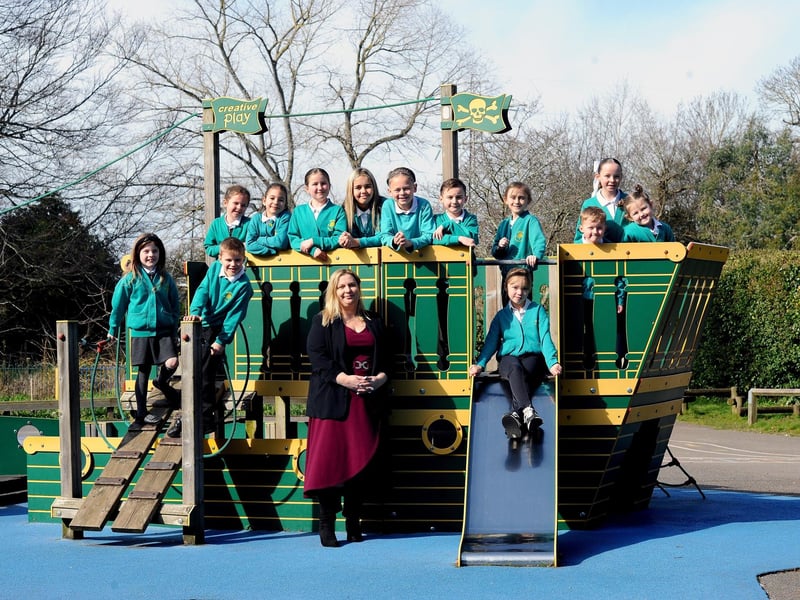 Medina Primary School had 47 per cent of pupils meeting the expected standard in reading, writing and maths. The average score for reading was 103 while the average score for maths was 102.   Pictured is: Headteacher Amanda McGarvey with some of the children at Medina Primary School.  Picture: Sarah Standing (060325-2783)