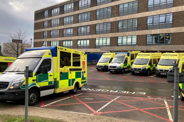 Ambulances parked up outside the Accident and Emergency department at the Queen Alexandra Hospital in Cosham, Portsmouth. Tuesday December 29, 2020. Andrew Matthews/PA Wire