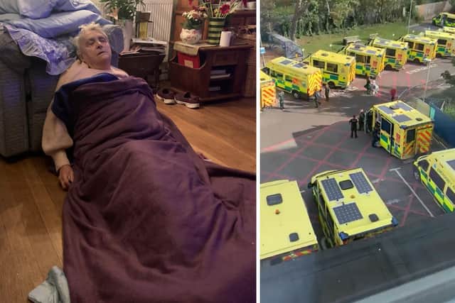 Eileen Webb, 83, on the floor of her home where she fell on Thursday, October 21 2021 and waited from 5.20pm until 9pm for an ambulance to arrive amid a surge in demand at Queen Alexandra Hospital in Cosham.