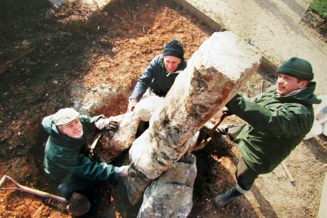 Royal Marines MuseumMaintenance staff (clockwise) Chris Roser, Bill Samways and Jim Tann, place the large stones from the Falkland Islands, to form part of the outdoor memorial to the Royal Marines. 26th january 1996. Picture: Pete Langdown